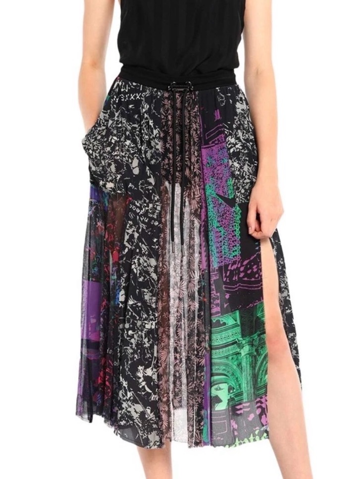 Diesel O-Klarissa Printed Black Multi-Color Pleated Midi Skirt Nwt